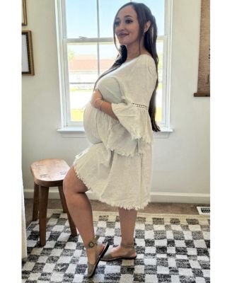 Beige Raw Edge Bell Sleeve Babydoll Maternity Dress