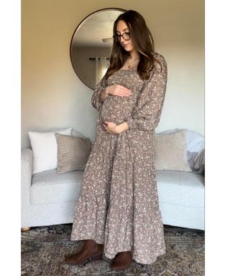 Maternity Cream Floral Smocked Long Sleeve Maxi Dress