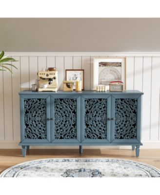 Streamdale 60" Antique Blue Buffet Cabinet - Floral Carvings, Solid Wood Legs