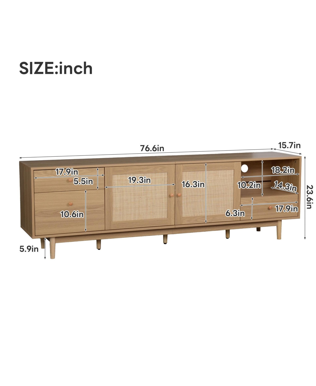Boyel Living Tv Stand for 65 to 85 Inch Tv with Open Storage and Drawers, Modern Wood Media Console with Real Rattan