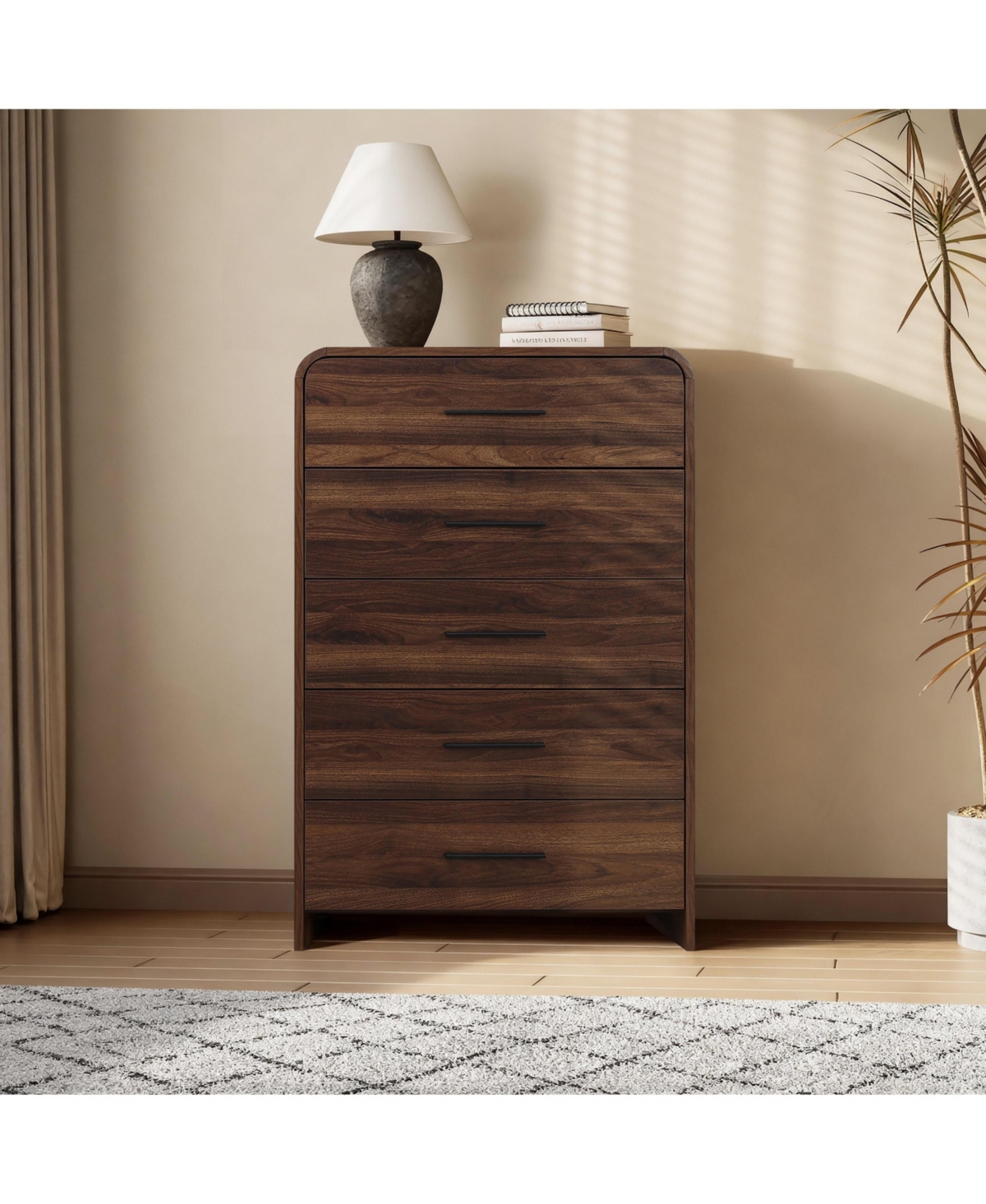LuxenHome Modern Walnut Finish 5-Drawer Chest, Engineered Wood Storage Dresser with Rounded Corners
