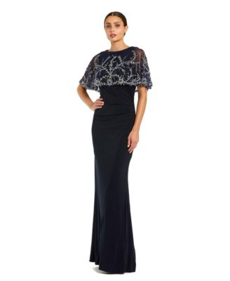 Women's Fitted Jersey Gown with Embellished Cape