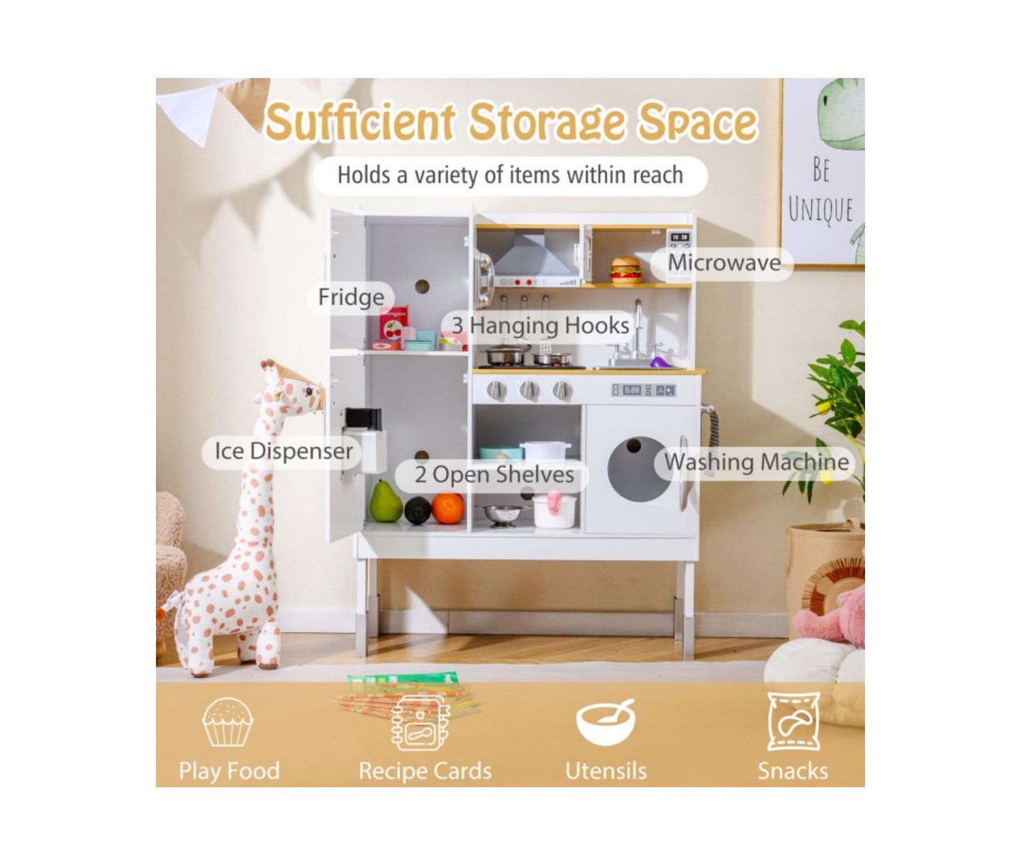 Детские игрушки HONGGE Adjustable-Height Wooden Play Kitchen Set, Ages 3+, цвет: Белый — фото 9