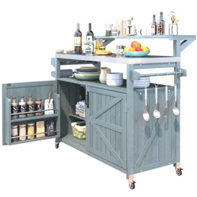 53.3" Outdoor Kitchen Island with Raised Shelf, Solid Wood Outdoor Rolling Grill Cart with Internal Storage