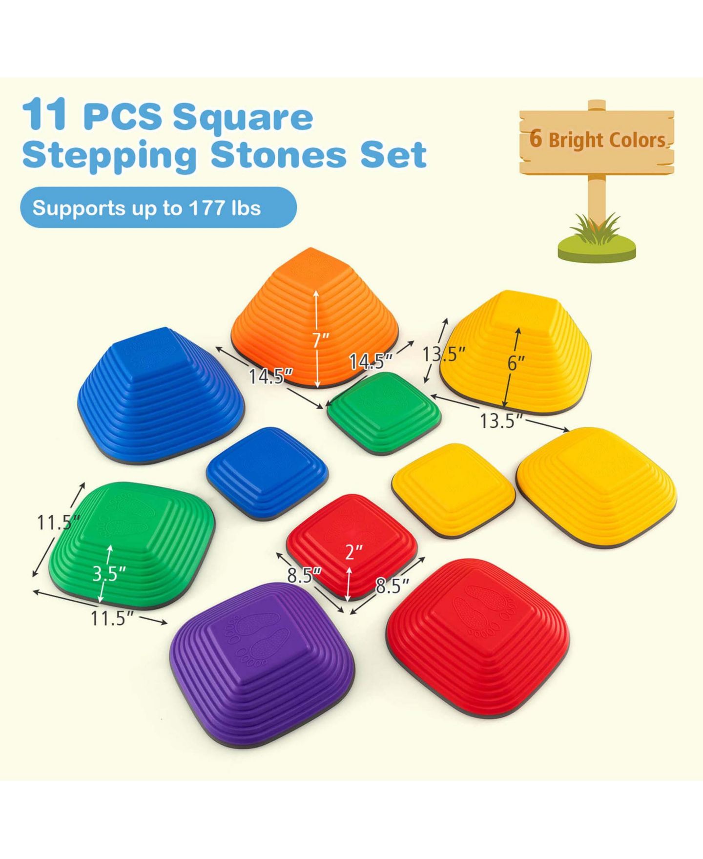 Детские игрушки Costway 11-Piece Stepping Stones with Non-Slip Edge, Ages 3+, цвет: Жёлтый — фото 3