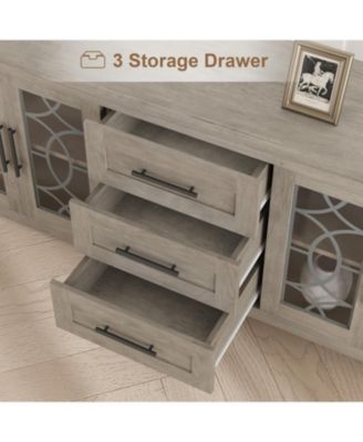 Farmhouse TV Stand for 70" TVs, Mid-Century Console with Glass Door, 2 Doors, 3 Drawers and Shelves