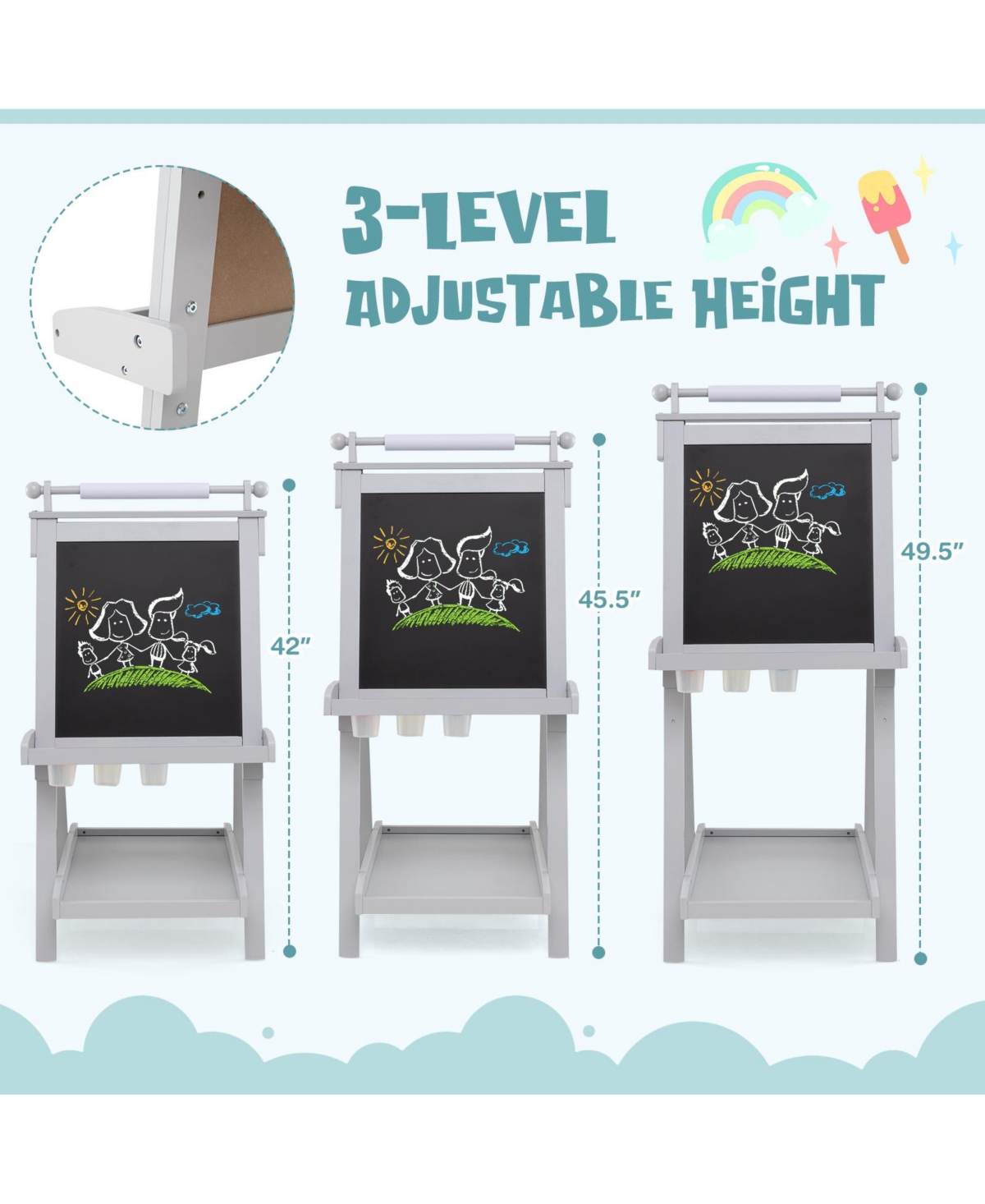 Hongge Adjustable Wooden Kids Art Easel With Chalkboard Whiteboard And Paper Roll