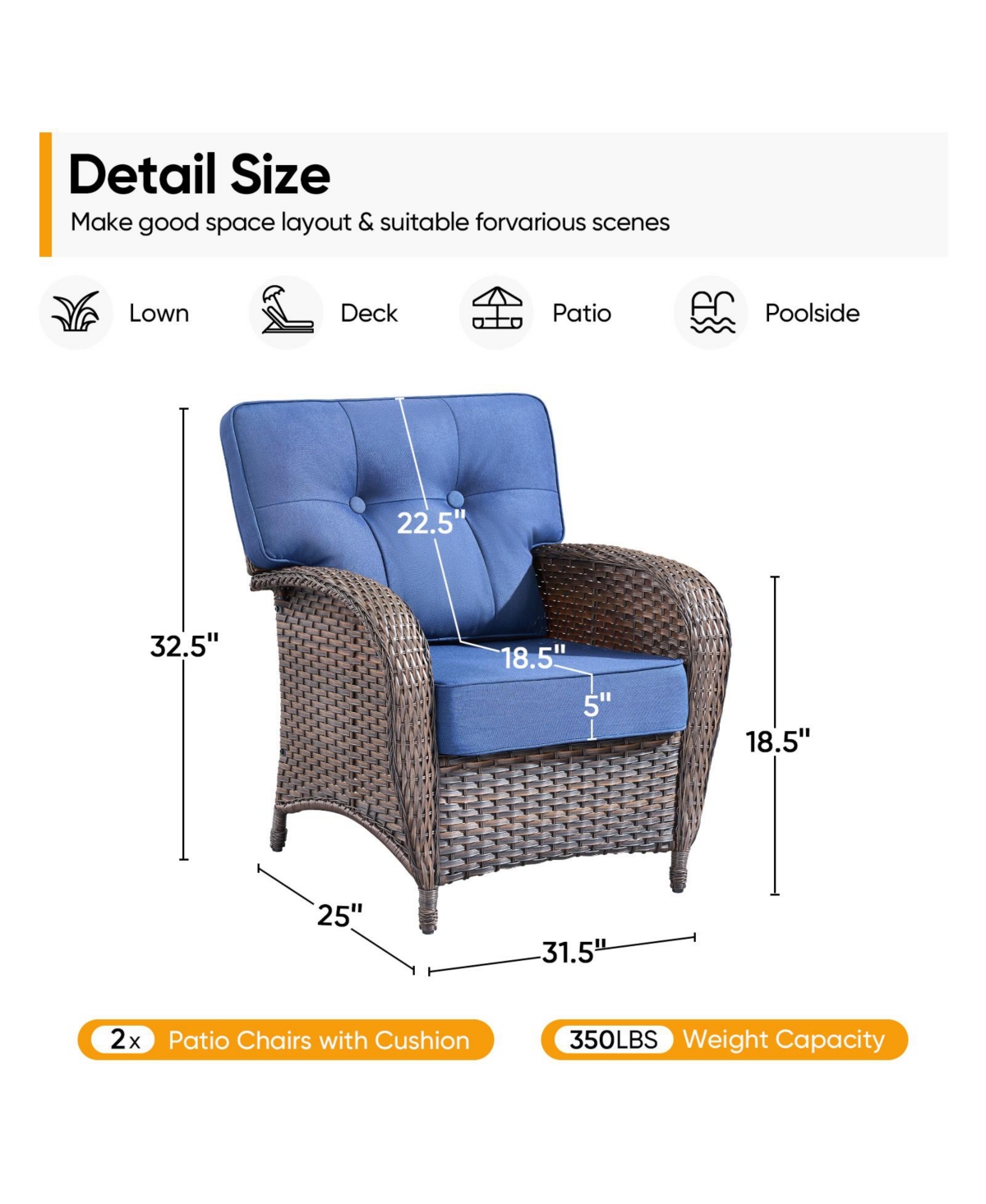 Gymojoy T-Frame Brown Wicker Outdoor Lounge Chairs with Olefin 5 In. Thick Cushions 2-Pack）