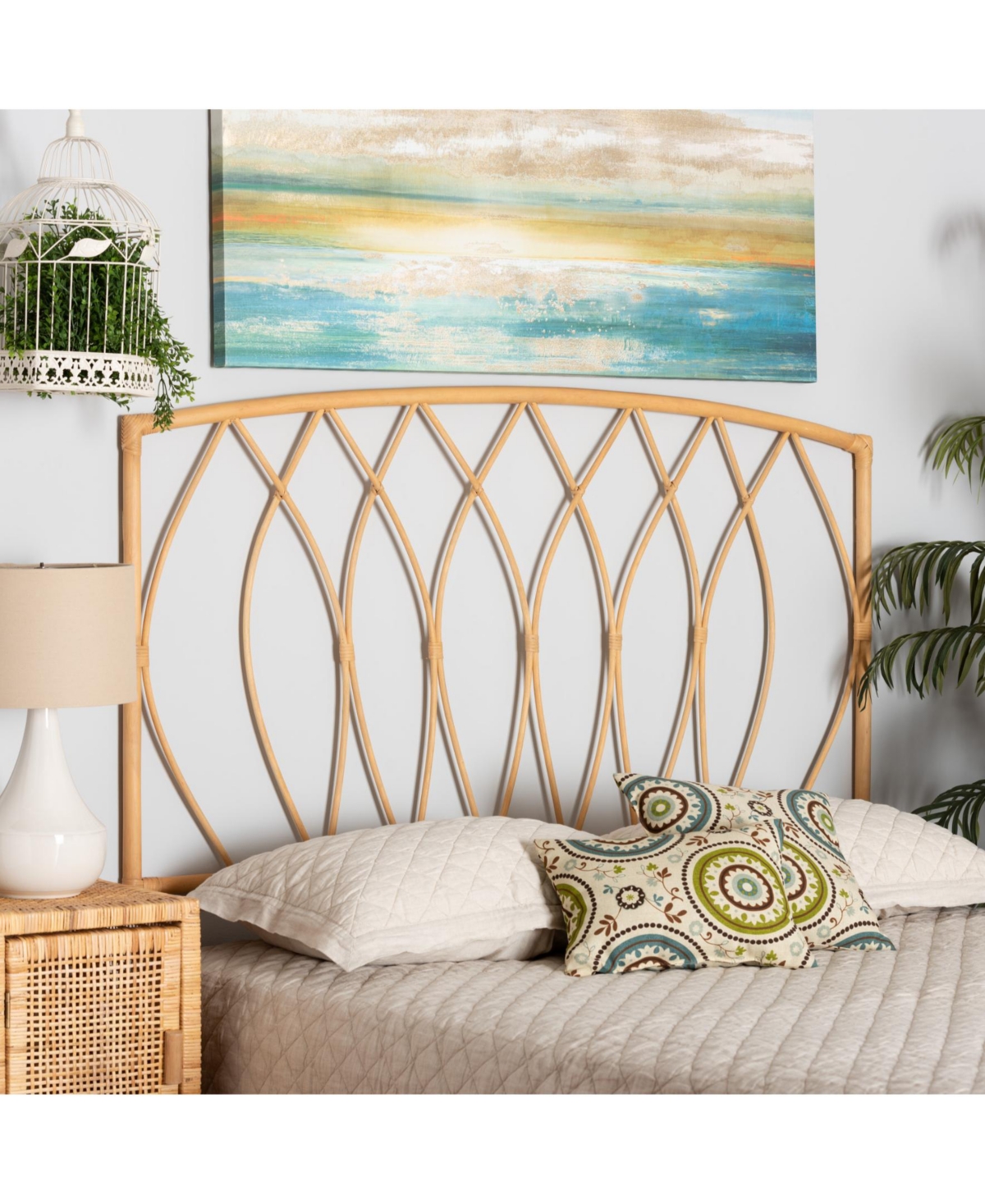 Furniture Halia 2" Rattan Bohemian Queen Wall-mount Headboard