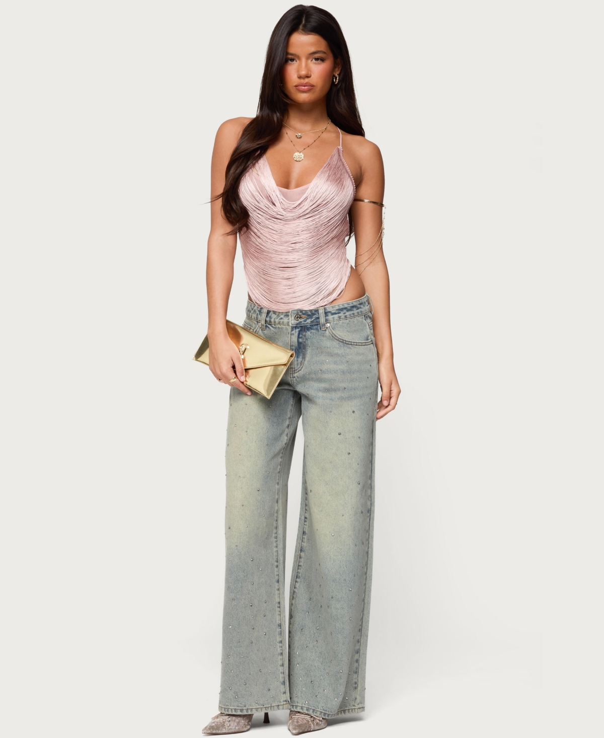 Edikted Womens Elenie Fringed Cowl Neck Top