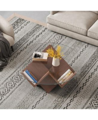 Round Coffee Table with Glass Top & Art Deco Base, Walnut, 35.4