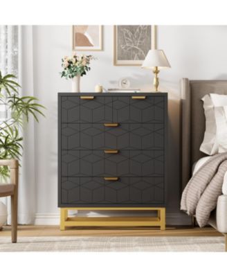 Modern 5-Drawer Dresser with Gold Metal Legs and Handles, Wood Storage Chest for Bedroom, Living Room or Hallway