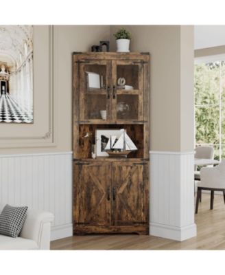 67" Tall Corner Storage Cabinet with Lights, Farmhouse Wooden Corner Hutch with Glass Doors, Adjustable Shelves, Display Cabinet