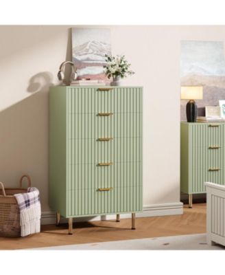 Fluted 5 Drawer Storage Dresser, Tall Chest with Deep Drawers and Wide Top, Wooden Organizer for Living Room or Kids Room