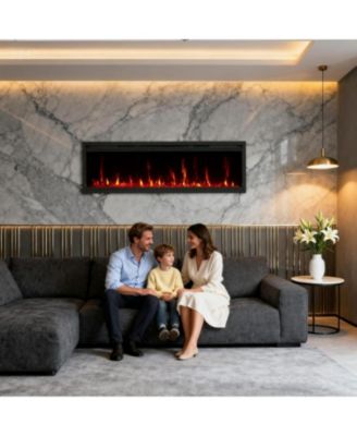 60" Wall Mounted/Recessed Electric Fireplace, 12 Flame Colors, Timer, Remote Control, 750/1500W, Log & Crystal