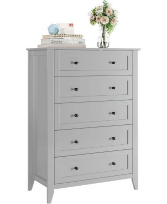 5 Drawer Tall Dresser for Bedroom, Wooden Chest with Deep Drawers and Metal Knobs for Hallway or Entryway