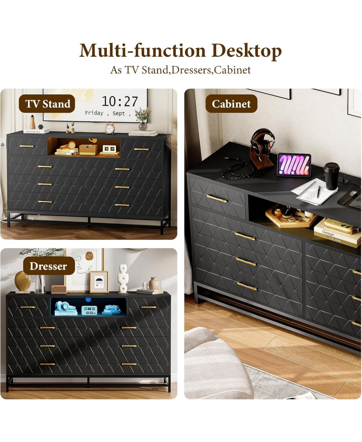 Gaomon 8 Drawer Dresser for Bedroom, Pink Dresser with Led Light, 55 Inch Tv Stand Dressers with Power Outlet