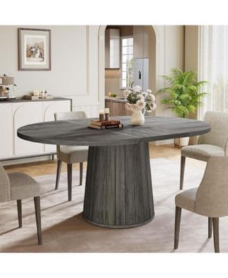 Oval Dining Table for 6 People, 55.11-Inch Farmhouse Kitchen Dinner Table with Cylindrical Pedestal (Grey)