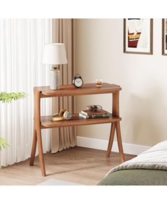 Walnut Side Table, Narrow End Table with 2-Tier Storage Shelf and Solid Wood Legs
