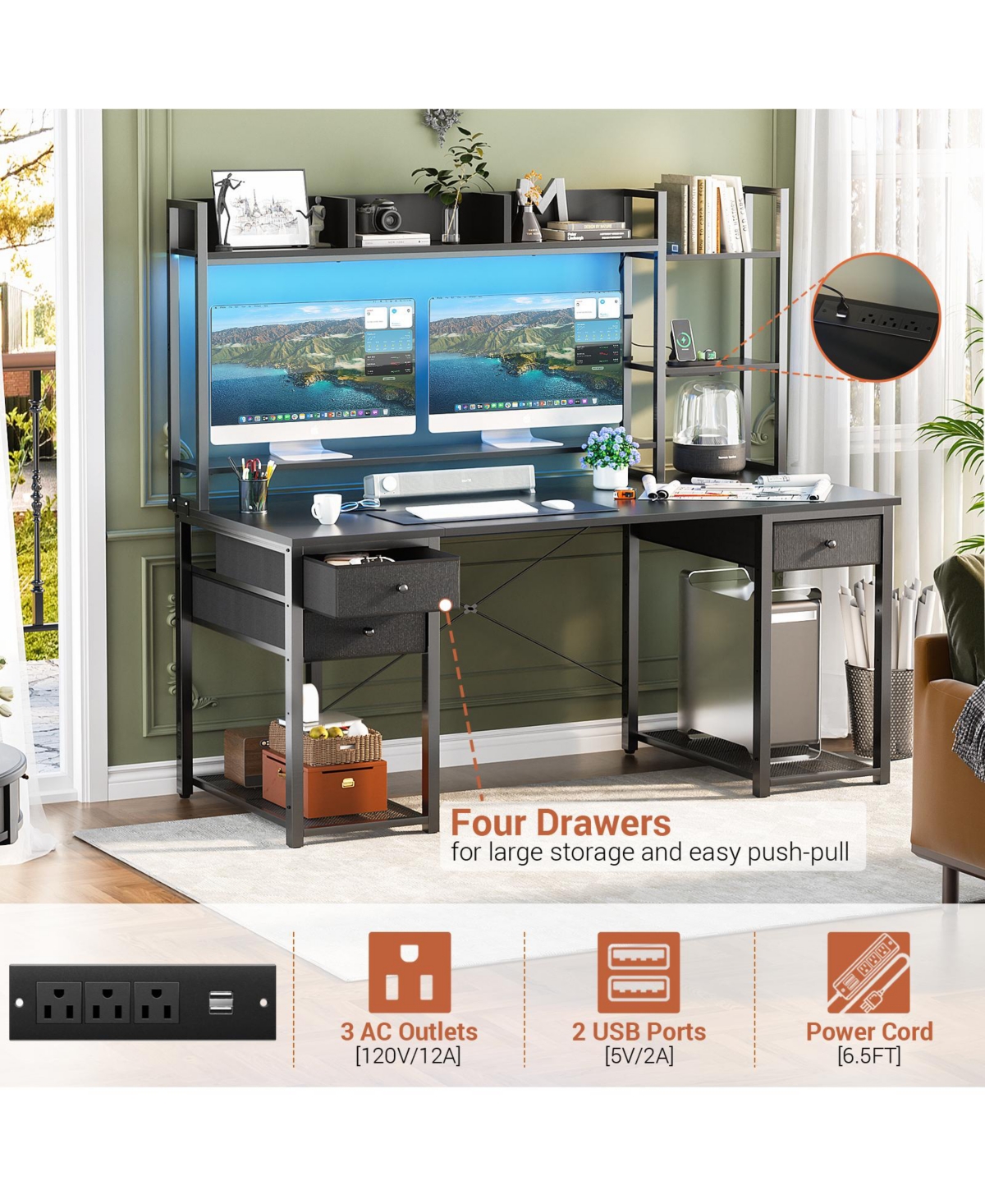 Aheaplus 47-55 inch Computer Desk with with 3 Drawers Storage Shelves