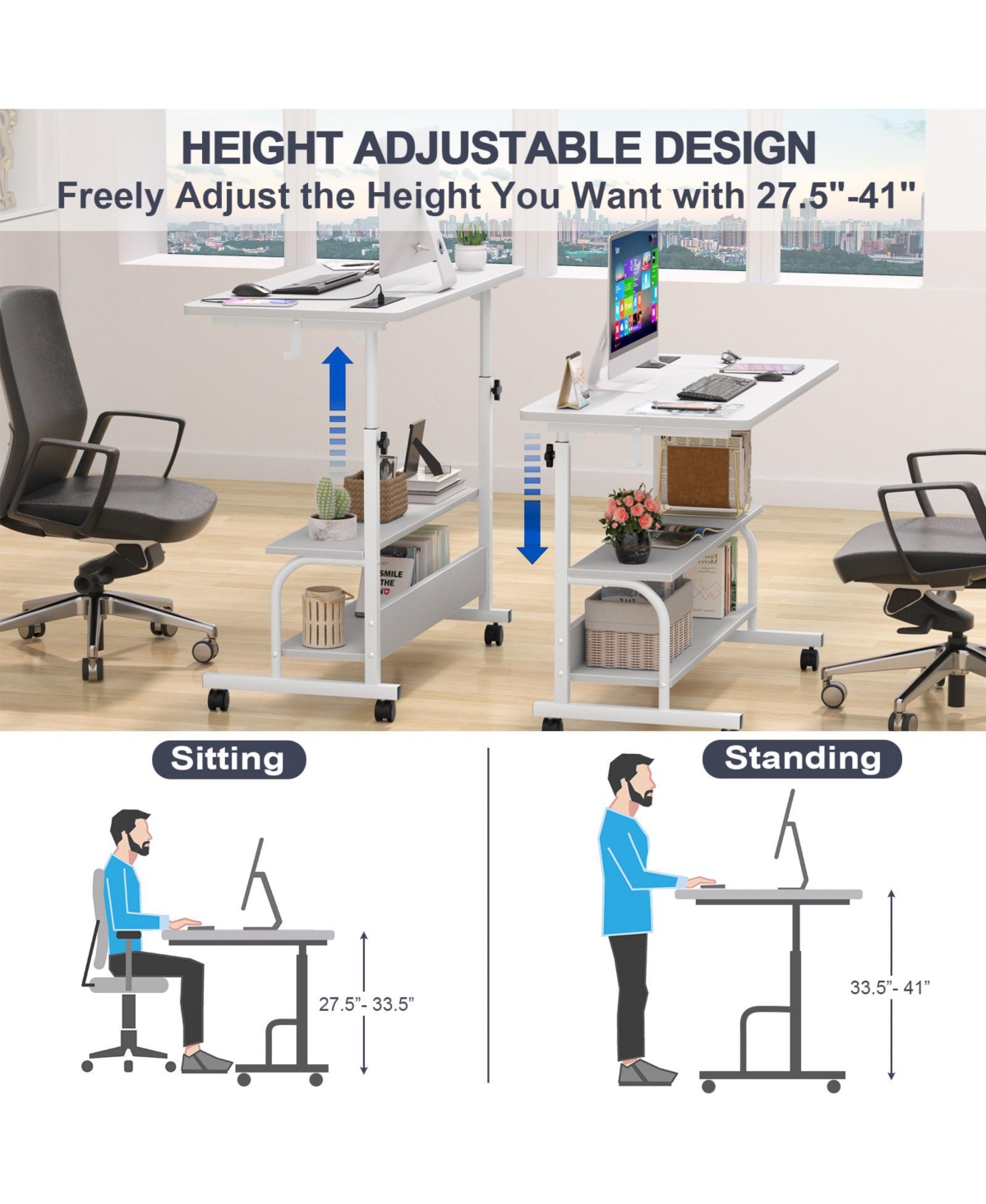 Aheaplus Small Height Adjustable Standing Desk with Power Outlets and Shelves, Max 41 Inches
