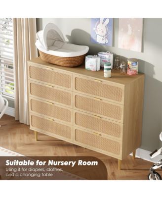 Rattan 8-Drawer Dresser, Tall Wood Chest with Wide Top, Large Storage Cabinet for Bedroom, Living Room, Hallway