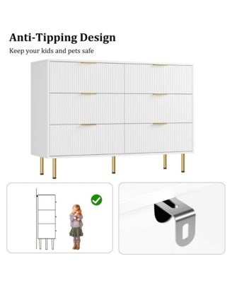 Fluted Wood Dresser 6 Drawers Dresser for Bedroom, Large Modern Chest of Drawers, Brown Dresser