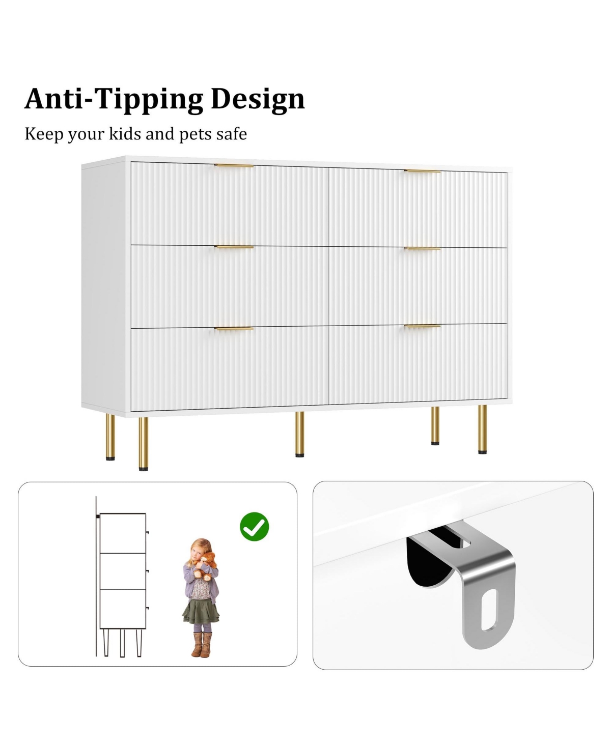 Gaomon Fluted Wood Dresser 6 Drawers Dresser for Bedroom, Large Modern Chest of Drawers, Brown Dresser