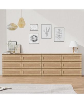 Rattan 6-Drawer Bedroom Dresser, Wide Wood Chest with Smooth Slide Rails and Anti-Tip Kit