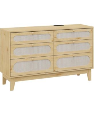 Rattan 6-Drawer Bedroom Dresser, Oak Storage Chest with Deep Drawers, Modern Organizer for Bedroom Living Room Entryway Hallway