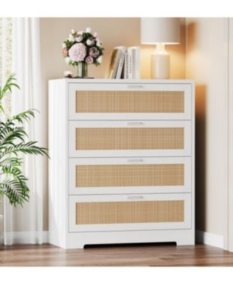 Modern Rattan 4-Drawer Wood Dresser with Power Station, Tall Storage Chest for Bedroom, Hallway, Entryway, or Living Room