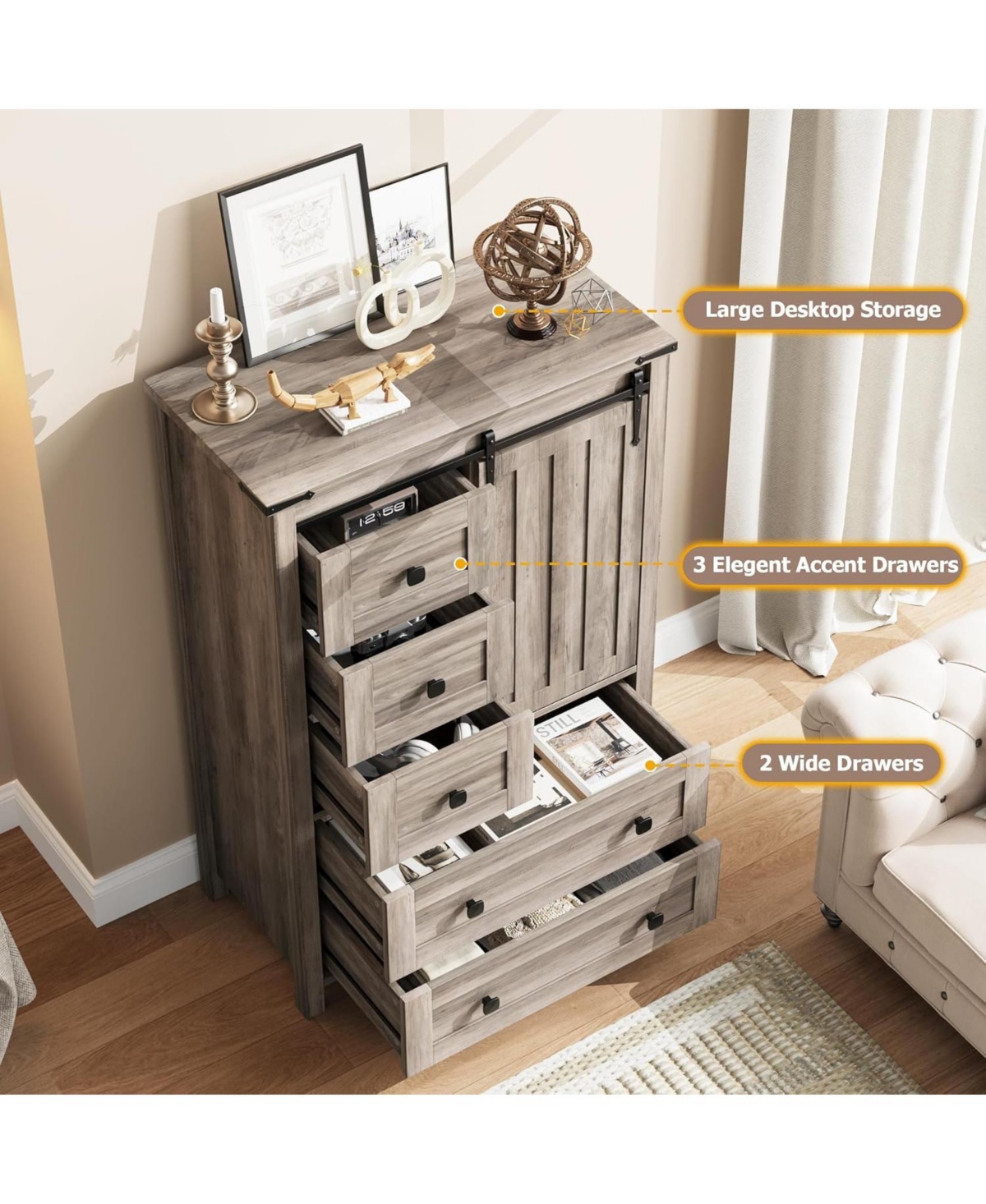 Gaomon Farmhouse 5-Drawer Bedroom Dresser, 48" Wood Chest with Sliding Barn Door, Adjustable Shelf, Large Storage Organizer