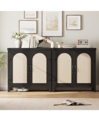 Rattan Sideboard Buffet Cabinet, Farmhouse Kitchen Accent Storage, Boho Wooden Coffee Bar Console for Dining Room, Living Room, Hallway