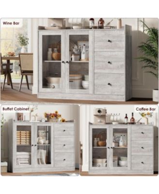 43" Modern Buffet Cabinet with Storage, Sideboard Kitchen Cabinet with Guardrail, Adjustable Shelves & 3 Drawers, Wood Buffet Table