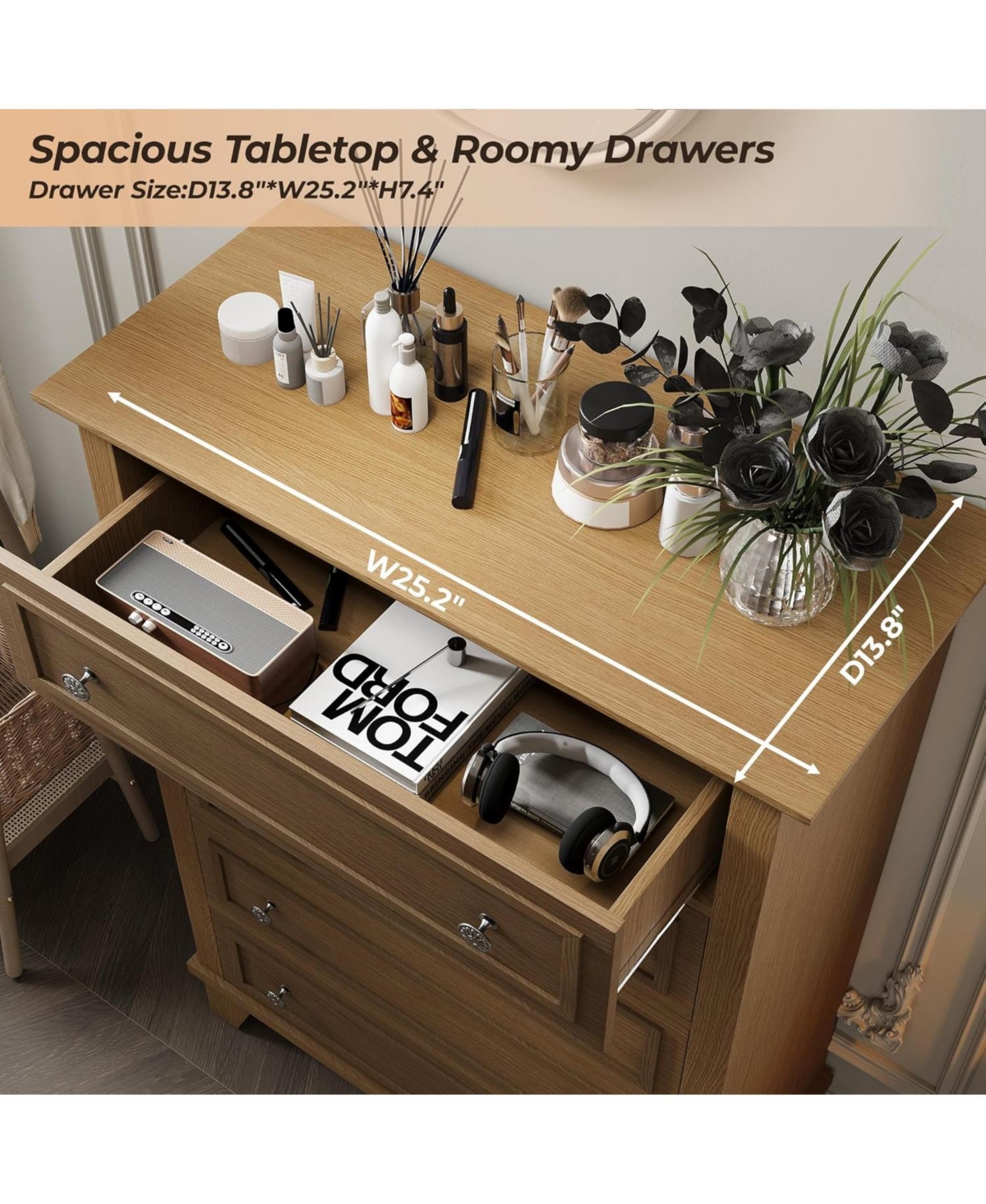 gaomon 5-Drawer 48" Wood Chest with Deep Drawers, Modern Storage Organizer Tall Bedroom Dresser