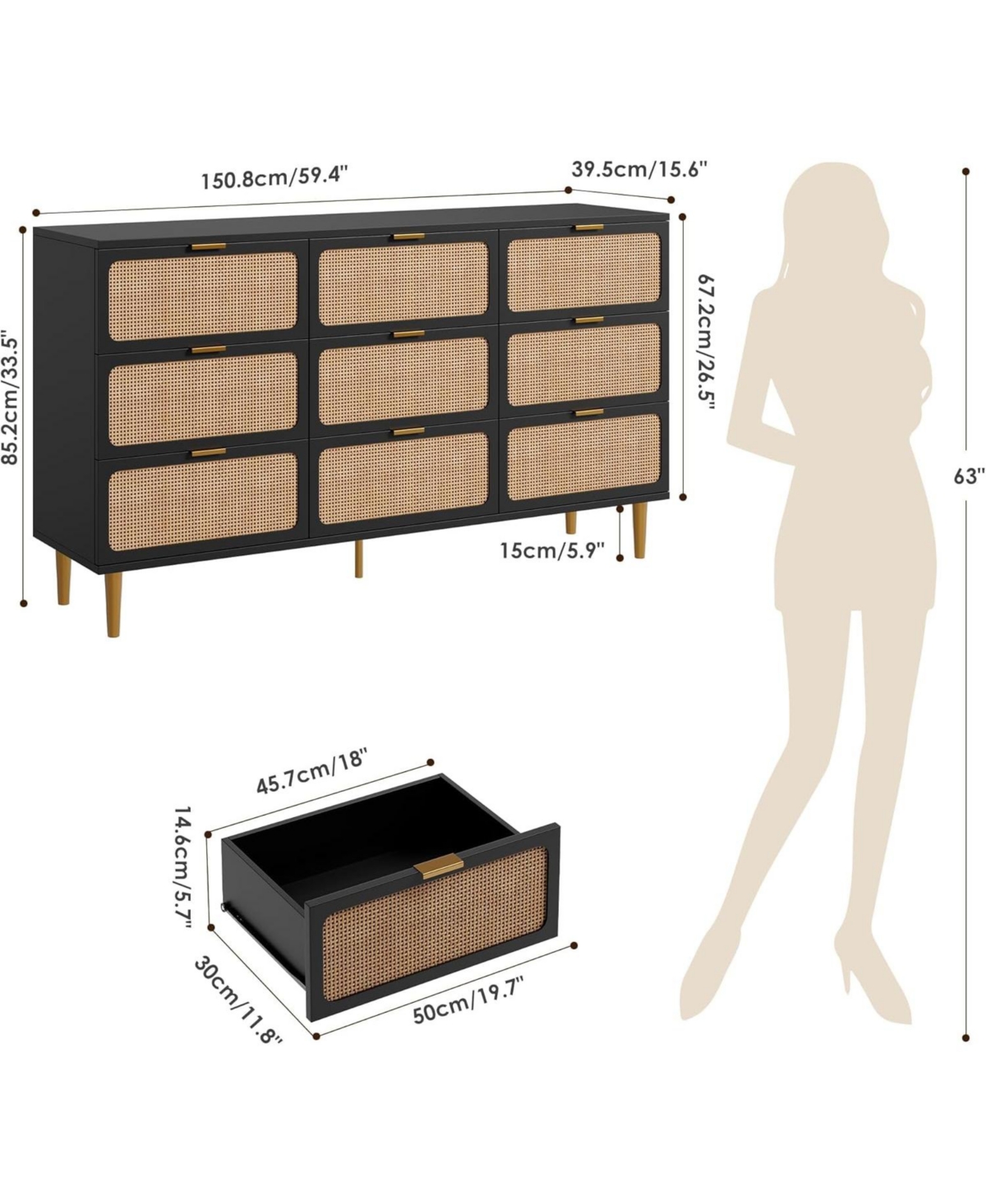 gaomon 9-Drawer Natural Rattan Bedroom Dresser, Tall Modern Chest with Deep Drawers