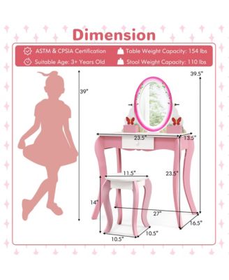 Kids Vanity Table Stool Set Pretend Play Makeup Desk with Whiteboard Markers