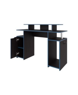 Blue Accent Gaming Desk with Elevated Monitor Shelf and Storage Compartments