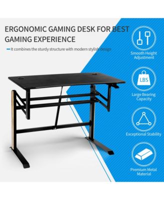 Pneumatic Height Adjustable Gaming Desk T Shaped Game Station w/Power Strip Tray