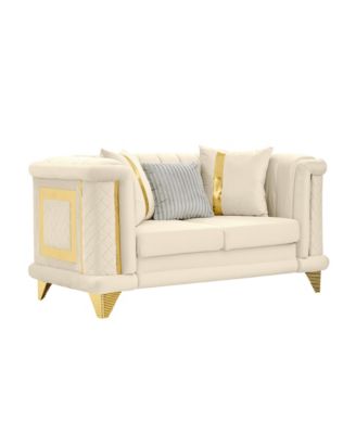 69" Velvet Loveseat Sofa, Gold Trim, Tufted, Pillows, Beige