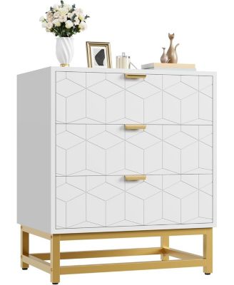 3-Drawer Wood Dresser with Gold Metal Legs & Handles