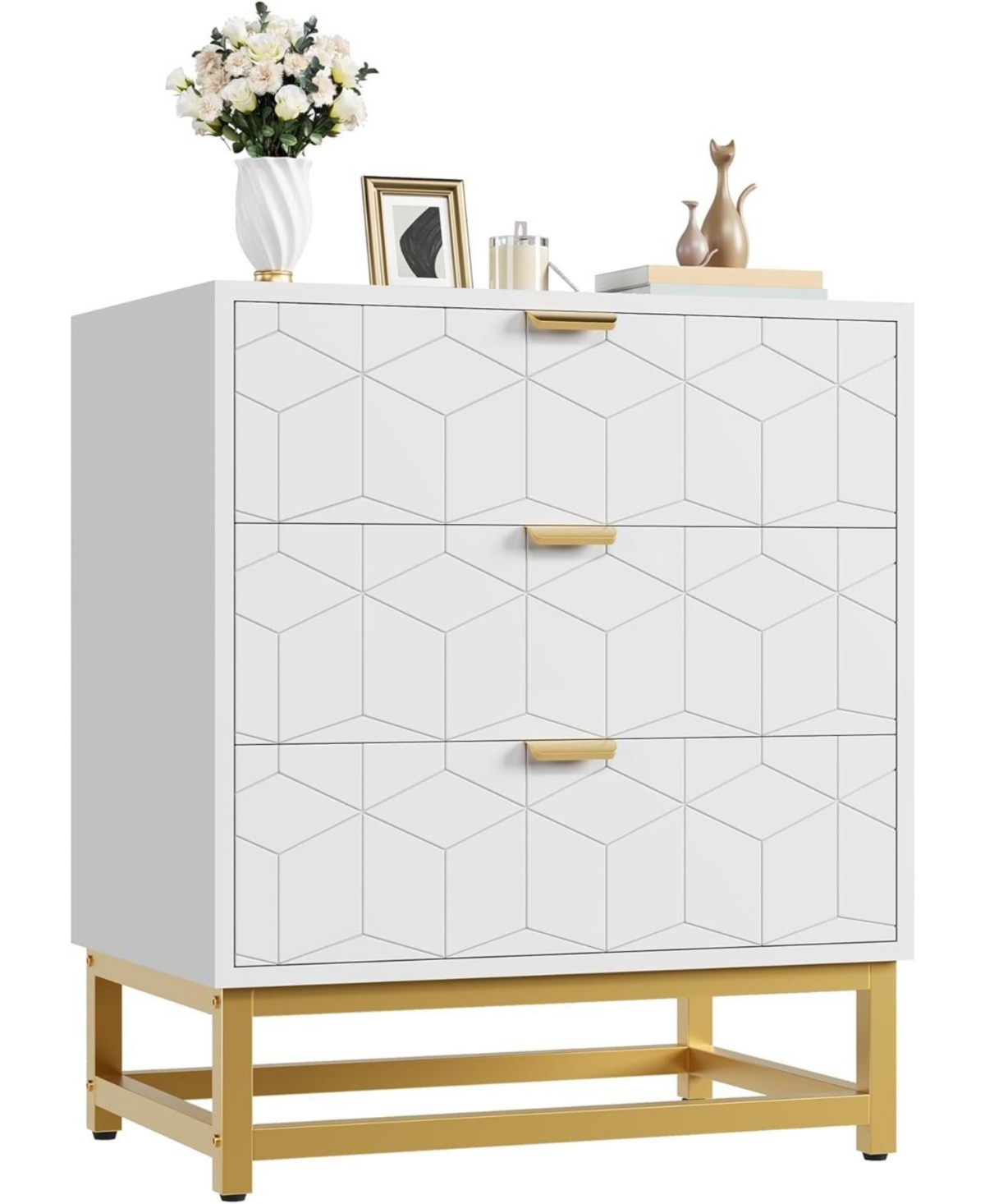 Gaomon 3-Drawer Wood Dresser with Gold Metal Legs & Handles