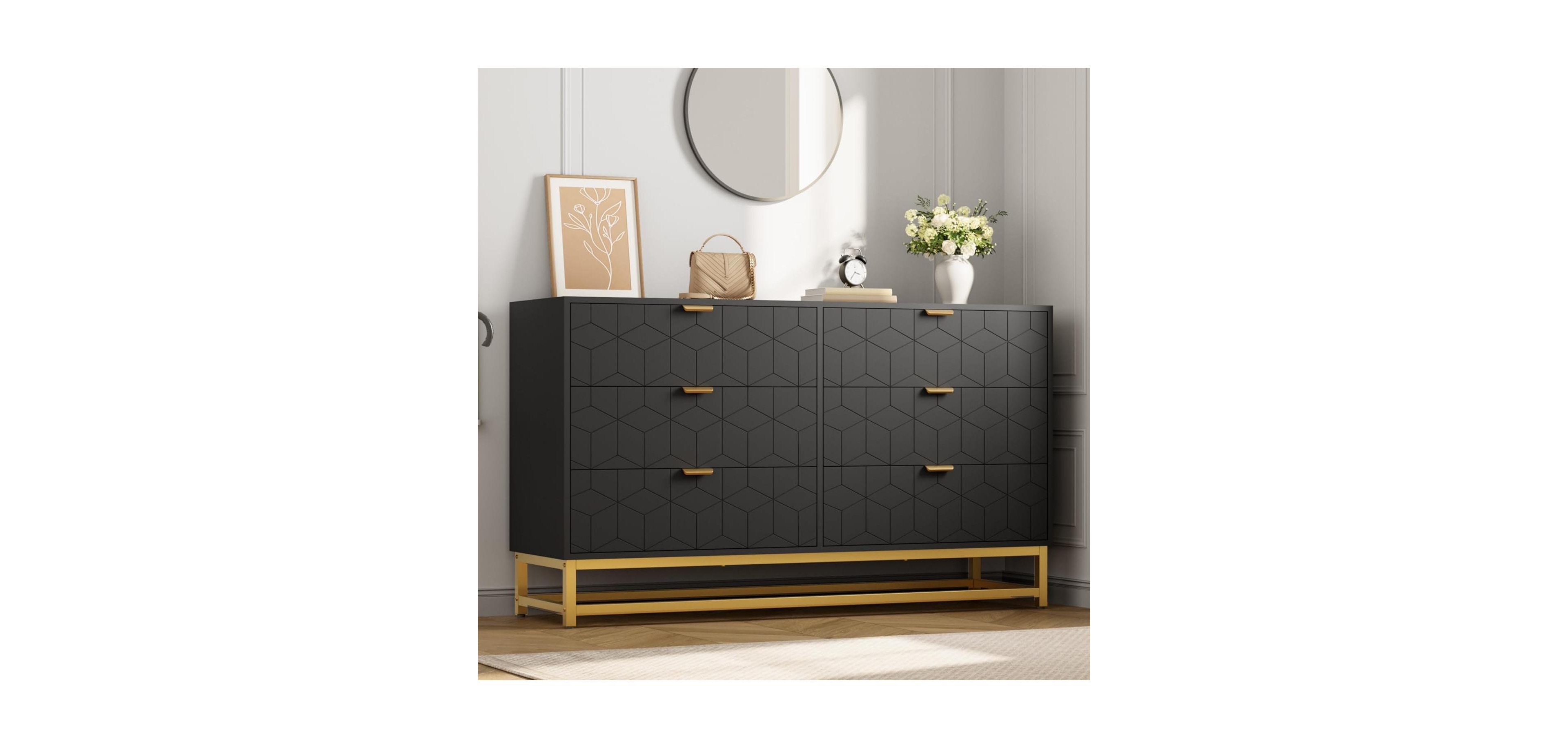 gaomon 53.5" Wide Modern 6 Drawer Dresser, Chest with Gold Metal Legs & Handles, Wood Storage Organizer for Bedroom, Living Room, Hallway
