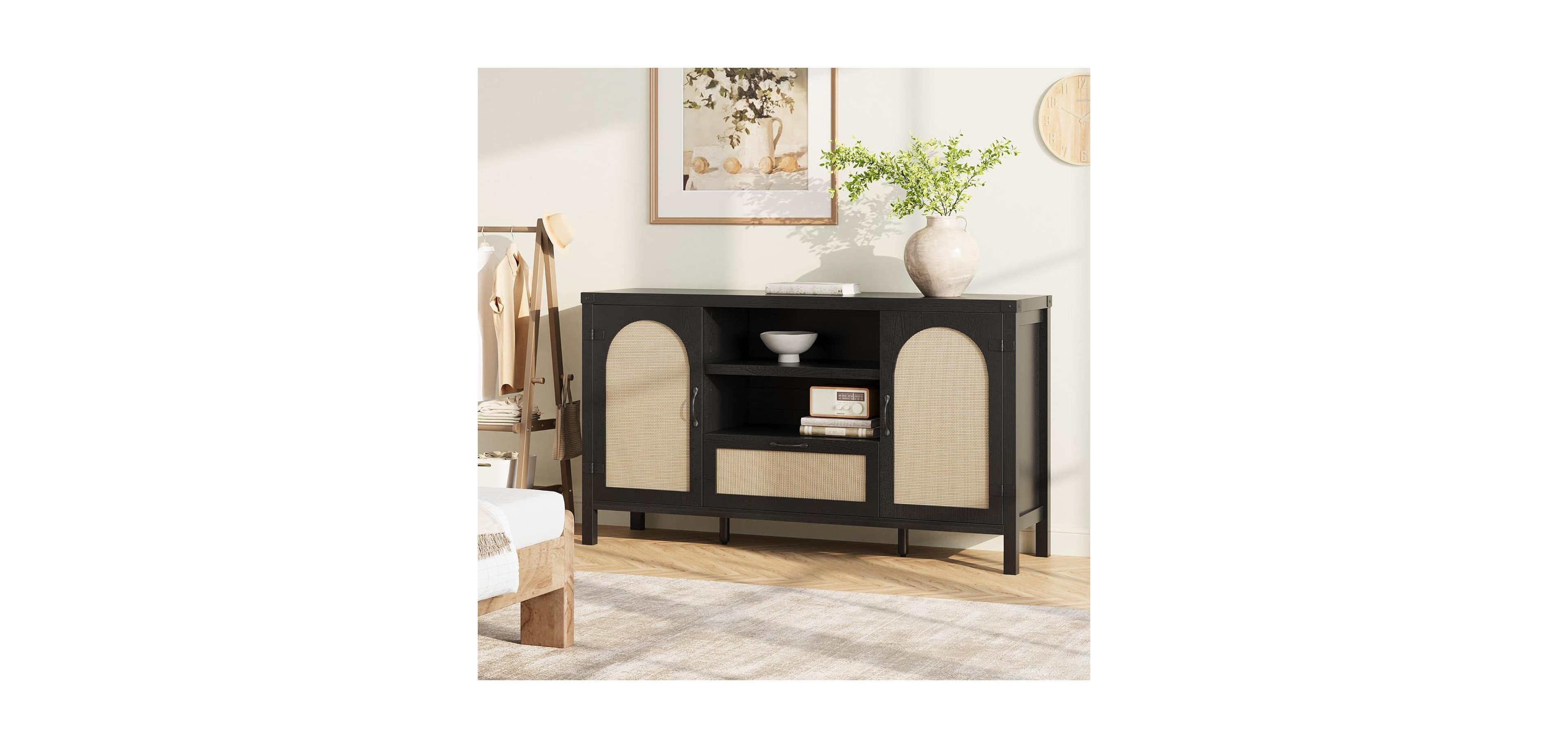 gaomon 59.1" Rattan Buffet Cabinet with Storage, Boho Farmhouse Sideboard with Adjustable Shelves, Drawer, Doors, Kitchen Coffee Bar Cabinet