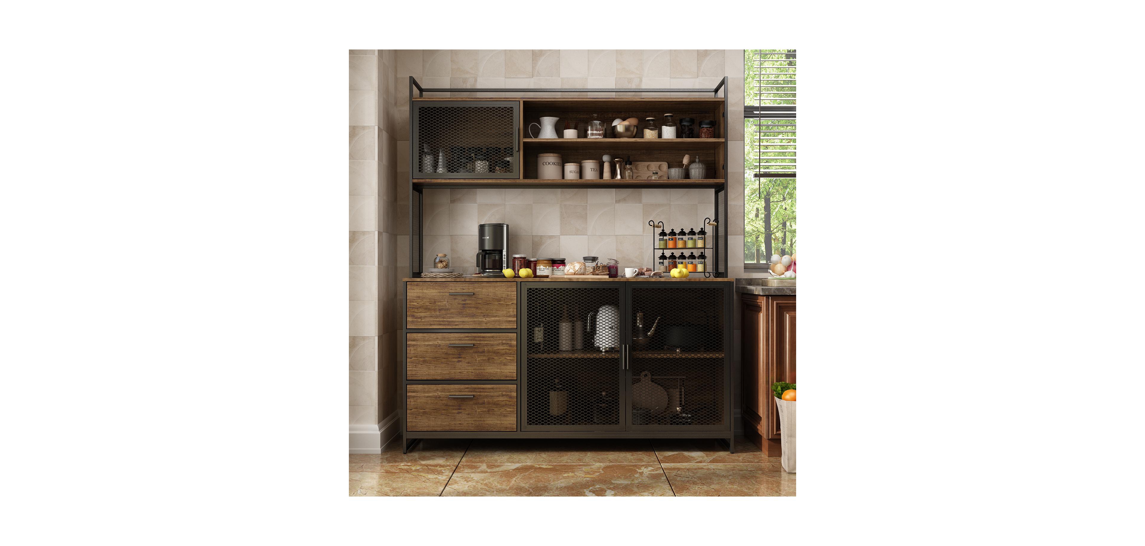 Homsee Brown Buffet Sideboard Cabinet with Metal Mesh Doors, 3-Drawers