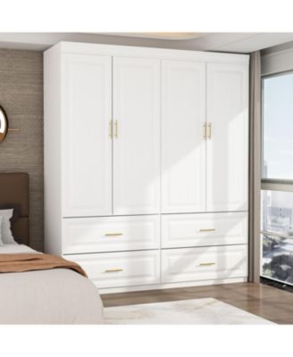 Wooden 4-Door Super Large Bedroom Armoire Wardrobe with Hanging Bars