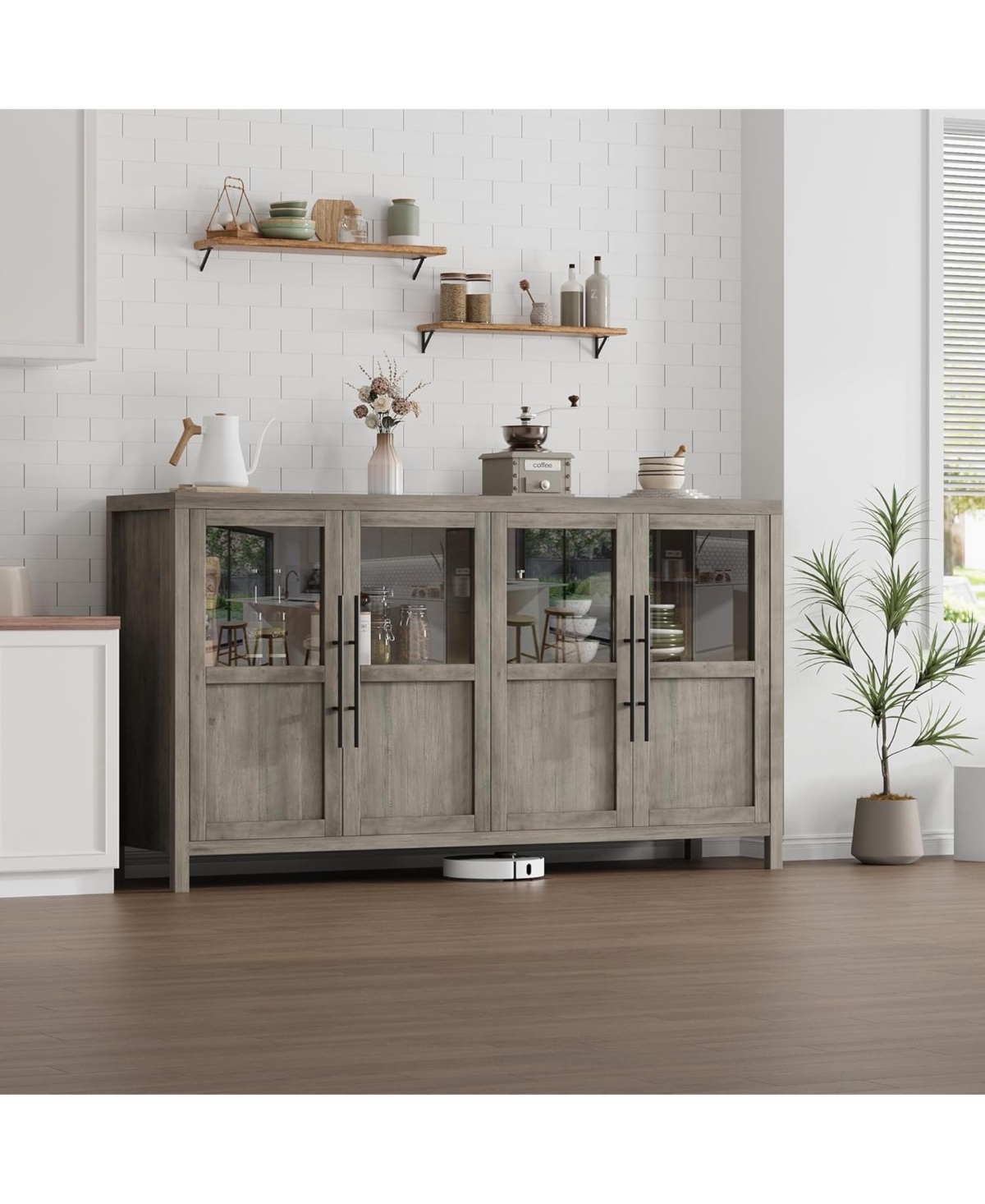 55" Sideboard Buffet Cabinet with 4 Glass Doors, Display Coffee Bar & Wine Storage, Modern Farmhouse Credenza for Dining Room, Kitchen, Living Ro