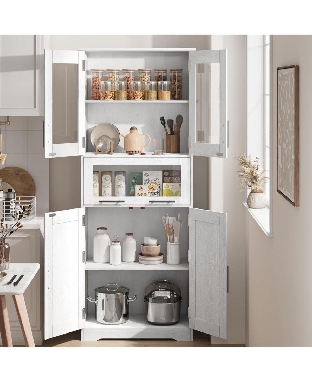 Gaomon 67" Tall Bathroom Storage Cabinet with Glass Doors, Adjustable Shelf & Drawer, Freestanding Pantry Cupboard for Small Spaces