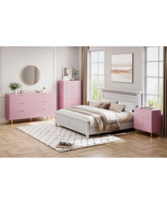 Pink 6 Drawer Dresser, Modern Wood Double Chest of Drawers with Gold Handles, Large Storage Organizer for Bedroom, Living Room