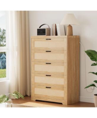 Tall Rattan Dresser 5 Drawer Chest Modern Wooden Storage Cabinet with Wide Top for Bedroom Living Room Hallway Entryway